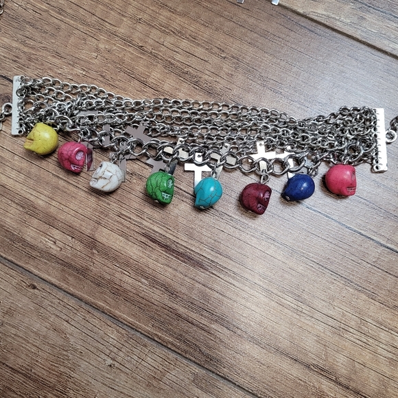 Candy bright colored cracked skull & silver cross mult strand charm bracelet - Picture 9 of 17